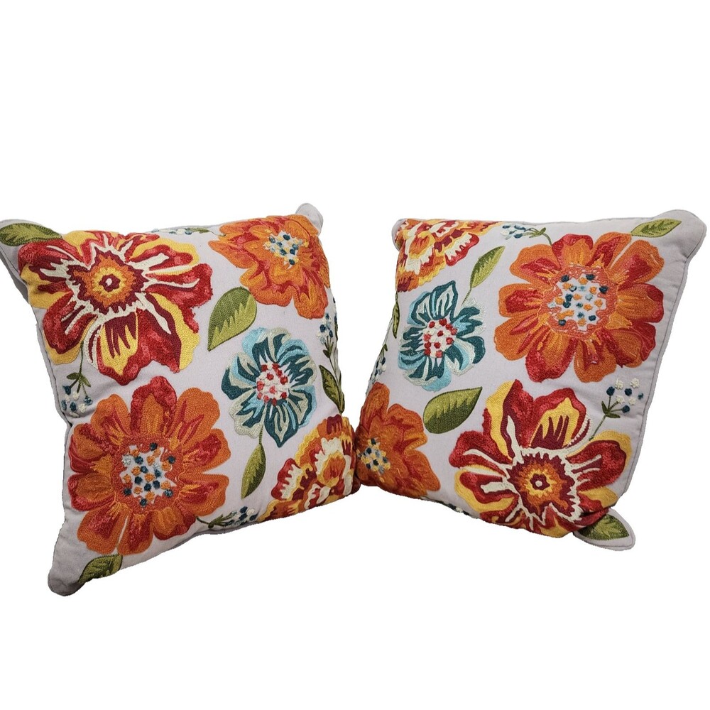 Pier 1 Throw Pillow 2pc Set Gray Floral Embroidery 17” x 17” Zipper Crewel Boho